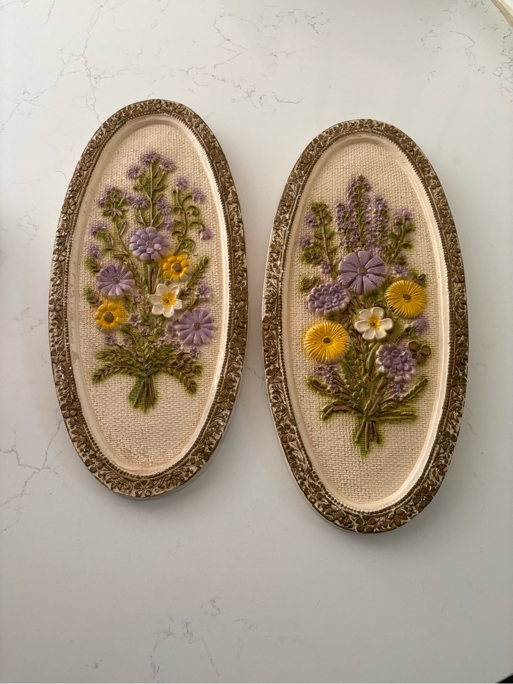 2 Vintage Floral Chalkware Hangings Girotti Sculpted Floral Art 16x7.5” GUC